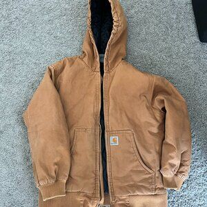 Carhartt Youth Medium 10-12 Brown Heavy Canvas Hooded Quilt Lined Coat Jacket